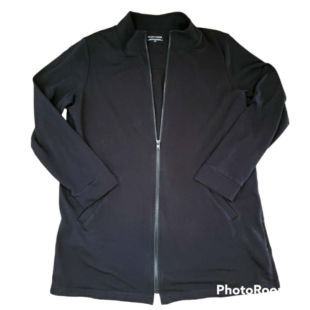 Eileen Fisher Organic Cotton Long Black Zip Up Cardigan Jacket